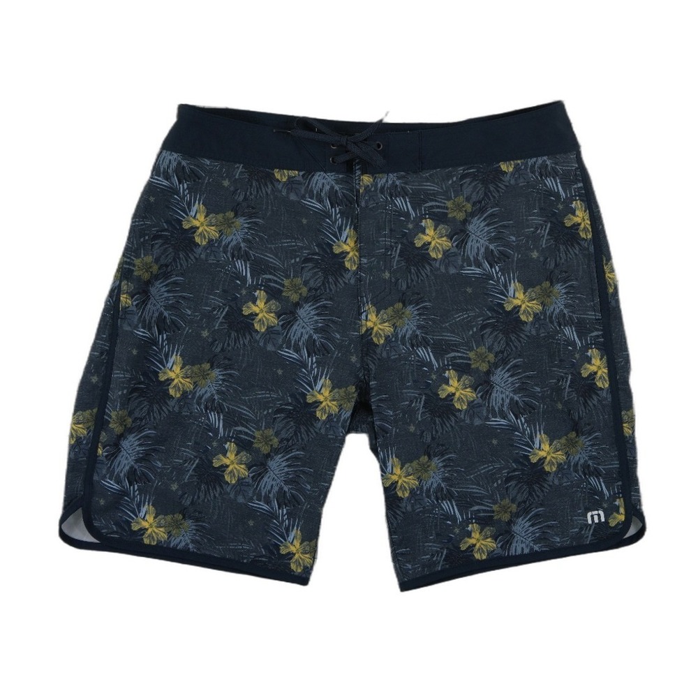 TravisMathew‎ Board Shorts Men's Size 38 Navy Blue Tropical Floral Stretch Swim